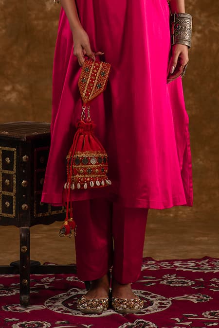 Buy_Ekavira_Pink Silk, Velvet Embroidery Layla Tribal Chouga Kurta And Salwar Set _Online_at_Aza_Fashions