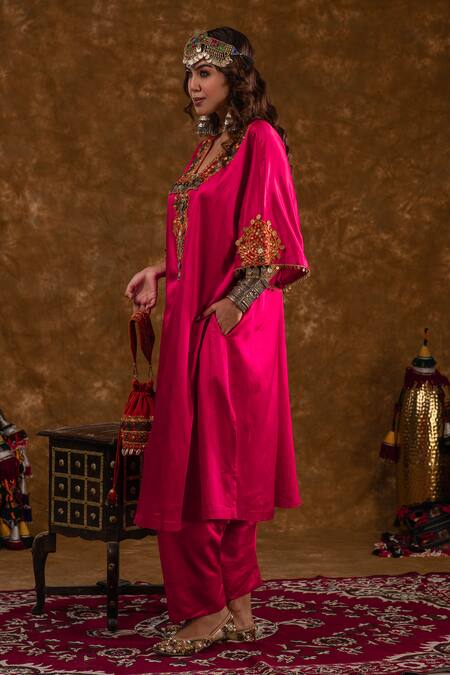 Shop_Ekavira_Pink Silk, Velvet Embroidery Layla Tribal Chouga Kurta And Salwar Set _Online_at_Aza_Fashions
