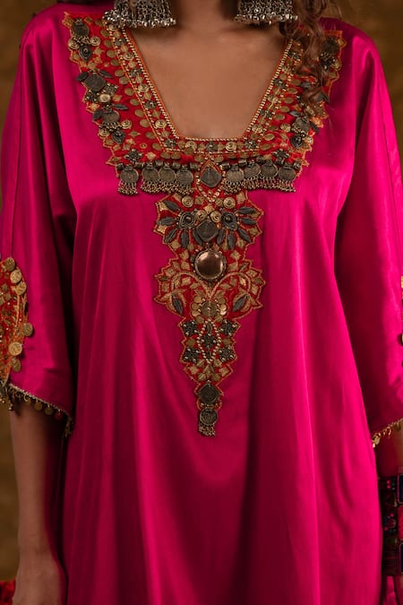 Ekavira_Pink Silk, Velvet Embroidery Layla Tribal Chouga Kurta And Salwar Set _at_Aza_Fashions