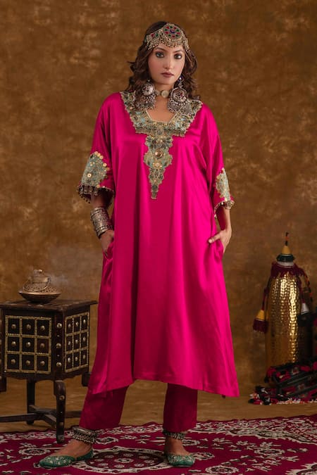 Ekavira_Pink Silk, Velvet Embroidery, Lace Asymmetric Layla Chouga Kurta Salwar Set _Online_at_Aza_Fashions