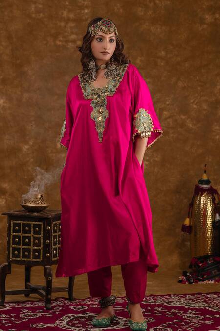 Shop_Ekavira_Pink Silk, Velvet Embroidery, Lace Asymmetric Layla Chouga Kurta Salwar Set _Online_at_Aza_Fashions