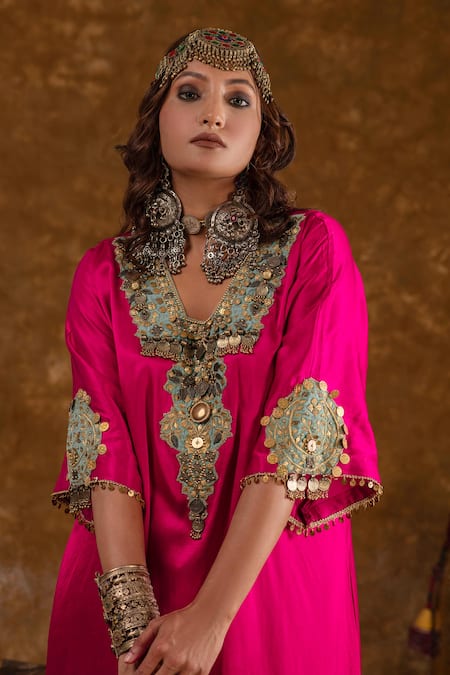 Ekavira_Pink Silk, Velvet Embroidery, Lace Asymmetric Layla Chouga Kurta Salwar Set _at_Aza_Fashions
