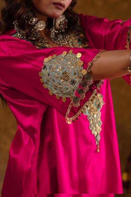 Buy_Ekavira_Pink Silk, Velvet Embroidery, Lace Asymmetric Layla Chouga Kurta Salwar Set 