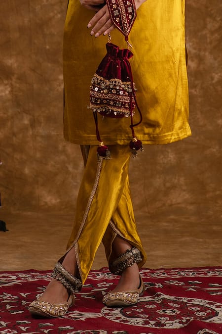 Buy Ekavira Yellow Silk, Velvet Embroidery Round Neck Rubina Tribal Kurta Tulip Pant Set Online at Aza Fashions Buy_Ekavira_Yellow Silk, Velvet Embroidery Round Neck Rubina Tribal Kurta Tulip Pant Set _Online_at_Aza_Fashions