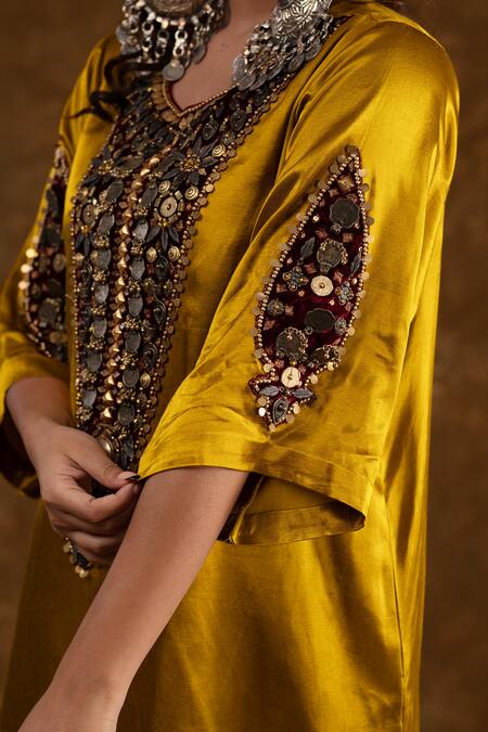 Shop Ekavira Yellow Silk, Velvet Embroidery Round Neck Rubina Tribal Kurta Tulip Pant Set Online at Aza Fashions Shop_Ekavira_Yellow Silk, Velvet Embroidery Round Neck Rubina Tribal Kurta Tulip Pant Set _Online_at_Aza_Fashions