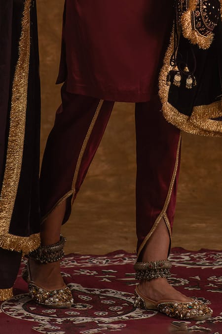 Ekavira Maroon Silk, Velvet Embroidery Round Neck Rubina Tribal Kurta And Tulip Pant Set Online at Aza Fashions Ekavira_Maroon Silk, Velvet Embroidery Round Neck Rubina Tribal Kurta And Tulip Pant Set _Online_at_Aza_Fashions