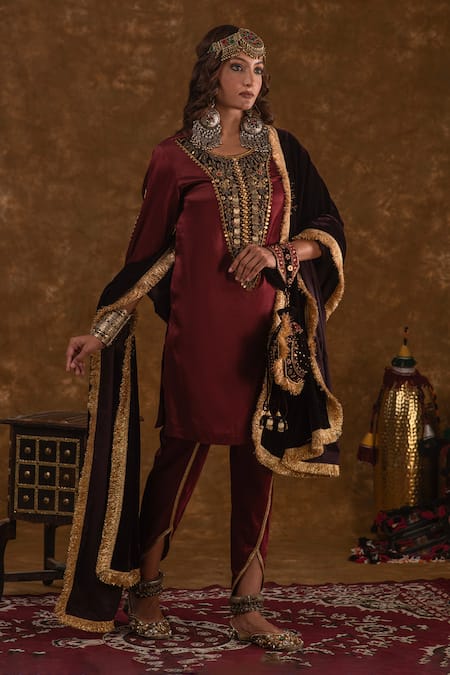Buy Ekavira Maroon Silk, Velvet Embroidery Round Neck Rubina Tribal Kurta And Tulip Pant Set Online at Aza Fashions Buy_Ekavira_Maroon Silk, Velvet Embroidery Round Neck Rubina Tribal Kurta And Tulip Pant Set _Online_at_Aza_Fashions