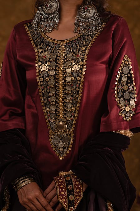 Shop Ekavira Maroon Silk, Velvet Embroidery Round Neck Rubina Tribal Kurta And Tulip Pant Set Online at Aza Fashions Shop_Ekavira_Maroon Silk, Velvet Embroidery Round Neck Rubina Tribal Kurta And Tulip Pant Set _Online_at_Aza_Fashions