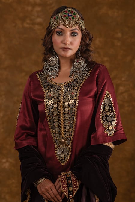 Ekavira Maroon Silk, Velvet Embroidery Round Neck Rubina Tribal Kurta And Tulip Pant Set at Aza Fashions Ekavira_Maroon Silk, Velvet Embroidery Round Neck Rubina Tribal Kurta And Tulip Pant Set _at_Aza_Fashions