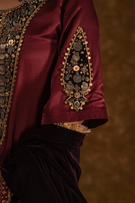 Buy Ekavira Maroon Silk, Velvet Embroidery Round Neck Rubina Tribal Kurta And Tulip Pant Set Buy_Ekavira_Maroon Silk, Velvet Embroidery Round Neck Rubina Tribal Kurta And Tulip Pant Set