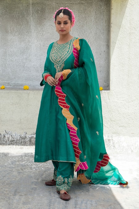 Pants And Pajamas Flower Embroidered Yoke Kurta With Pant 