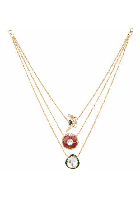 Shop Vasundhara Gold Plated Zehra Rhodolite Studded Layered Chain Necklace at Aza Fashions Shop_Vasundhara_Gold Plated Zehra Rhodolite Studded Layered Chain Necklace _at_Aza_Fashions