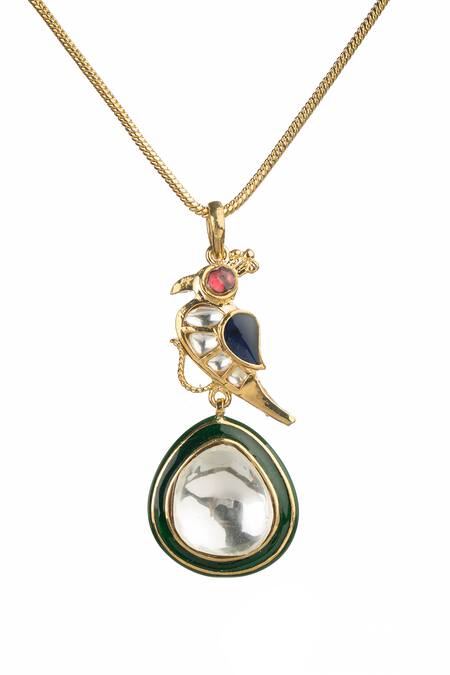 Vasundhara_Gold Plated Parizad Studded Parrot Dop Pendant Necklace _Online_at_Aza_Fashions