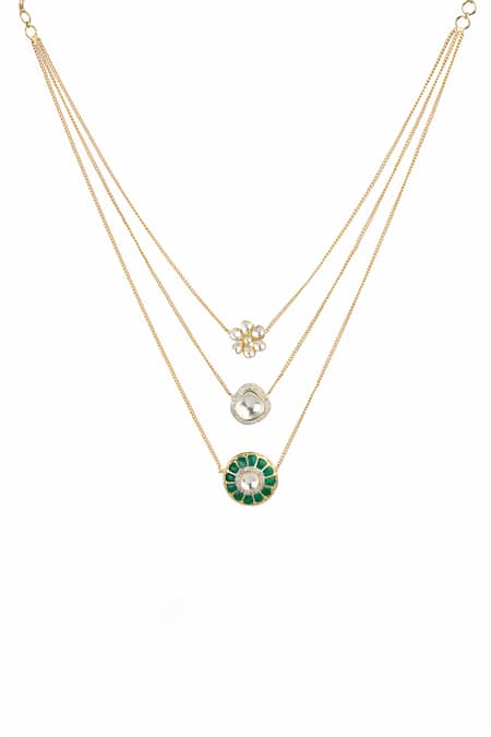 Shop_Vasundhara_Gold Plated Husna Floral Layered Chain Necklace _at_Aza_Fashions