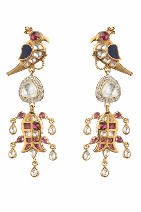 Shop Vasundhara Gold Plated Crystals, Rhinestones Charvi Bird Motif Earrings at Aza Fashions Shop_Vasundhara_Gold Plated Crystals, Rhinestones Charvi Bird Motif Earrings_at_Aza_Fashions