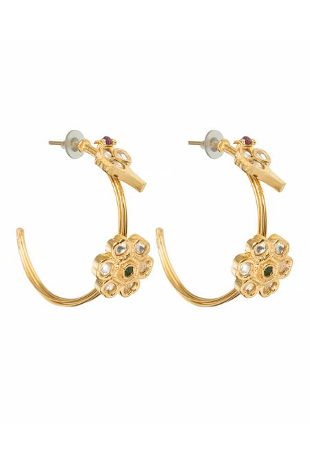 Shop Vasundhara Multi Color Rhinestones, Stones Bhavika Bird Charm And Floral Hoop Earrings at Aza Fashions Shop_Vasundhara_Multi Color Rhinestones, Stones Bhavika Bird Charm And Floral Hoop Earrings_at_Aza_Fashions