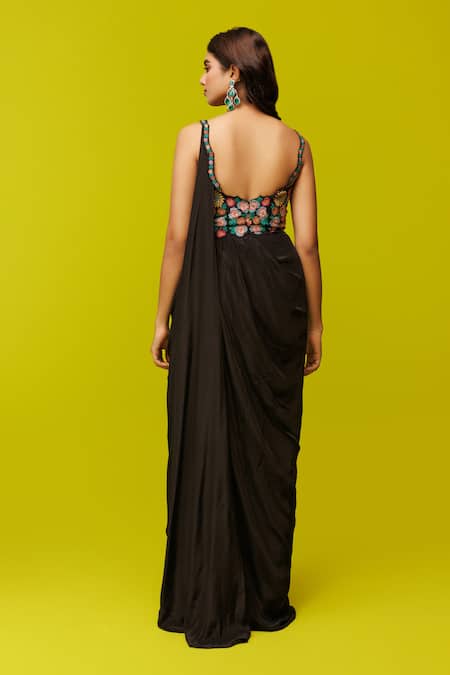 Shop Rishi And Soujit Black Crepe Applique Floral Sweetheart Neck Draped Gown at Aza Fashions Shop_Rishi And Soujit_Black Crepe Applique Floral Sweetheart Neck Draped Gown _at_Aza_Fashions