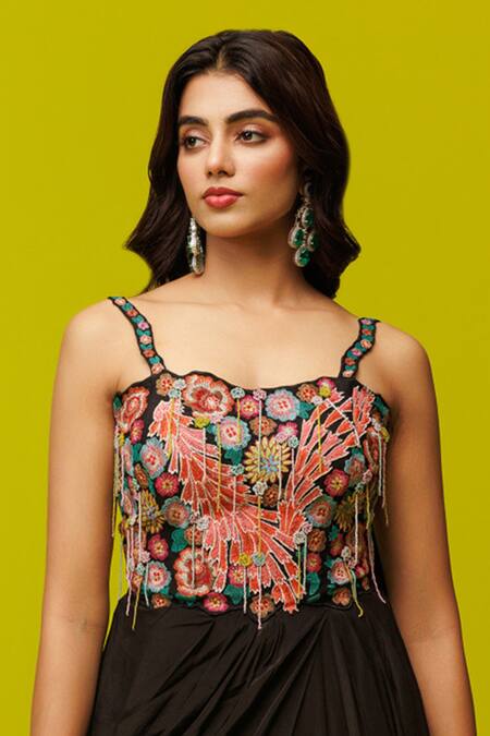 Rishi And Soujit Black Crepe Applique Floral Sweetheart Neck Draped Gown Online at Aza Fashions Rishi And Soujit_Black Crepe Applique Floral Sweetheart Neck Draped Gown _Online_at_Aza_Fashions