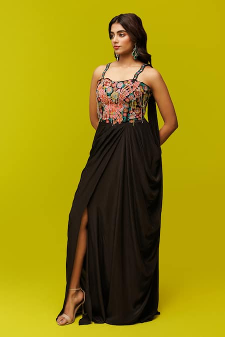 Buy Rishi And Soujit Black Crepe Applique Floral Sweetheart Neck Draped Gown Online at Aza Fashions Buy_Rishi And Soujit_Black Crepe Applique Floral Sweetheart Neck Draped Gown _Online_at_Aza_Fashions