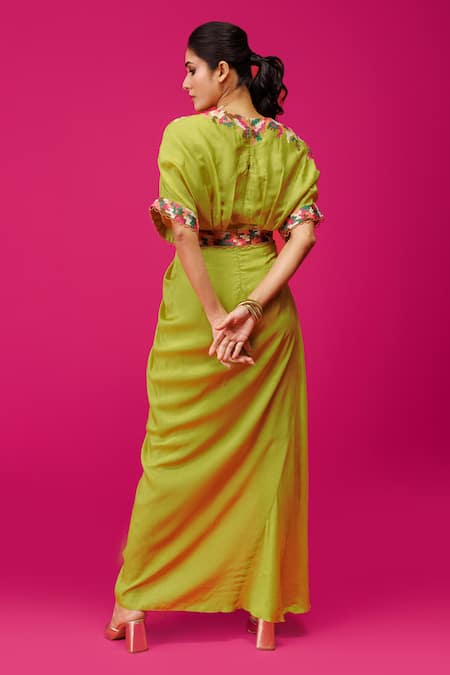 Shop Rishi And Soujit Green Bemberg Silk Placement Embroidery Geometric V Neck Draped Dress at Aza Fashions Shop_Rishi And Soujit_Green Bemberg Silk Placement Embroidery Geometric V Neck Draped Dress _at_Aza_Fashions