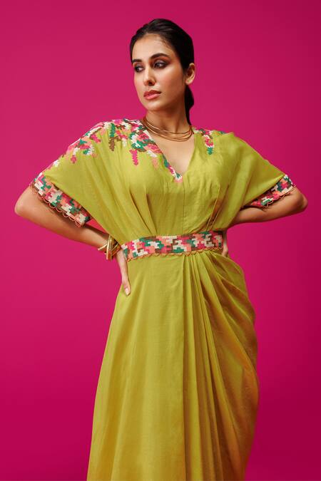 Rishi And Soujit Green Bemberg Silk Placement Embroidery Geometric V Neck Draped Dress Online at Aza Fashions Rishi And Soujit_Green Bemberg Silk Placement Embroidery Geometric V Neck Draped Dress _Online_at_Aza_Fashions