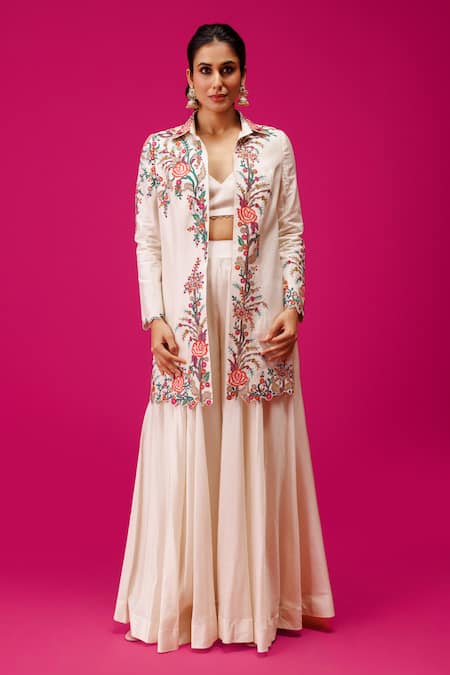 Rishi and Soujit Ivory Bemberg Silk Embroidery Floral Vine Jacket Collared Neck And Pant Set 