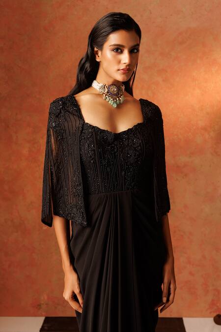Rishi And Soujit Black Organza Embroidery Floral Cutwork Neck Monotone Pearl Gown Online at Aza Fashions Rishi And Soujit_Black Organza Embroidery Floral Cutwork Neck Monotone Pearl Gown _Online_at_Aza_Fashions