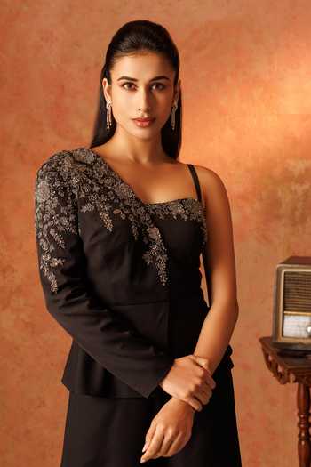 Buy_Rishi And Soujit_Black Georgette Cut Work Asymmetric Floral Embroidered Tunic With Flared Pant _Online_at_Aza_Fashions