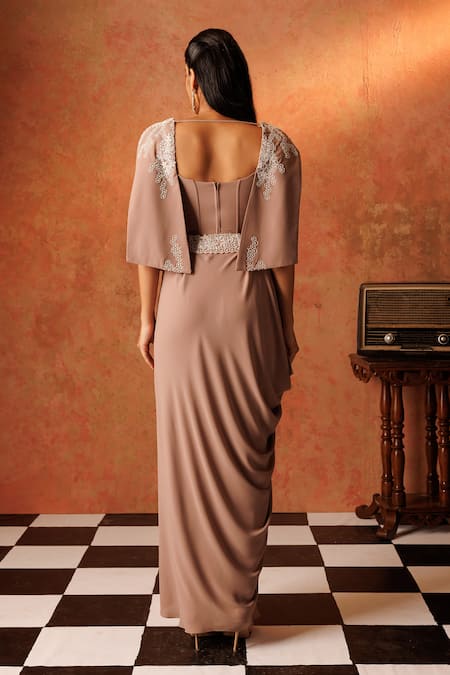 Shop Rishi And Soujit Brown Georgette Pearls, Sequins, Cut Work, Floral Corset With Draped Skirt at Aza Fashions Shop_Rishi And Soujit_Brown Georgette Pearls, Sequins, Cut Work, Floral Corset With Draped Skirt _at_Aza_Fashions