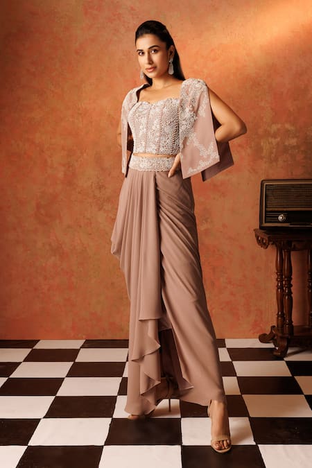 Rishi And Soujit Brown Georgette Pearls, Sequins, Cut Work, Floral Corset With Draped Skirt Online at Aza Fashions Rishi And Soujit_Brown Georgette Pearls, Sequins, Cut Work, Floral Corset With Draped Skirt _Online_at_Aza_Fashions