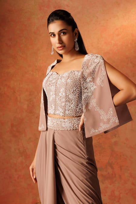 Shop Rishi And Soujit Brown Georgette Pearls, Sequins, Cut Work, Floral Corset With Draped Skirt Online at Aza Fashions Shop_Rishi And Soujit_Brown Georgette Pearls, Sequins, Cut Work, Floral Corset With Draped Skirt _Online_at_Aza_Fashions