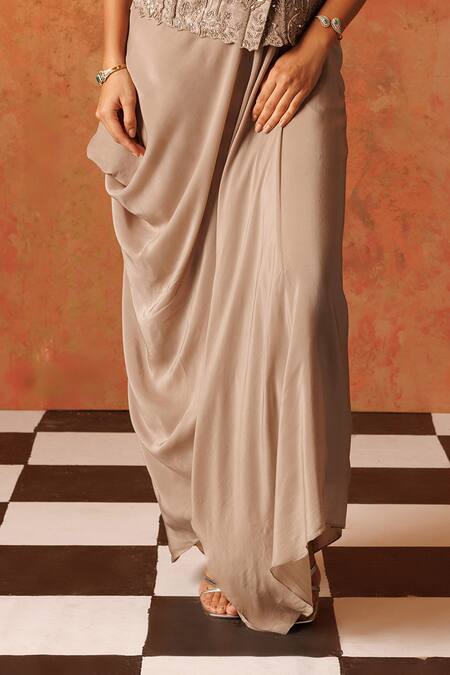 Rishi And Soujit_Grey Silk, Crepe Sequins, Pearls, Flower Embroidered Wrapped Tunic With Skirt _Online_at_Aza_Fashions