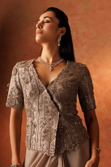 Buy_Rishi And Soujit_Grey Silk, Crepe Sequins, Pearls, Flower Embroidered Wrapped Tunic With Skirt _Online_at_Aza_Fashions