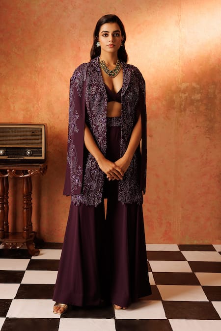 Rishi and Soujit Floral Pearl Embroidered Cape & Flared Pant Set 