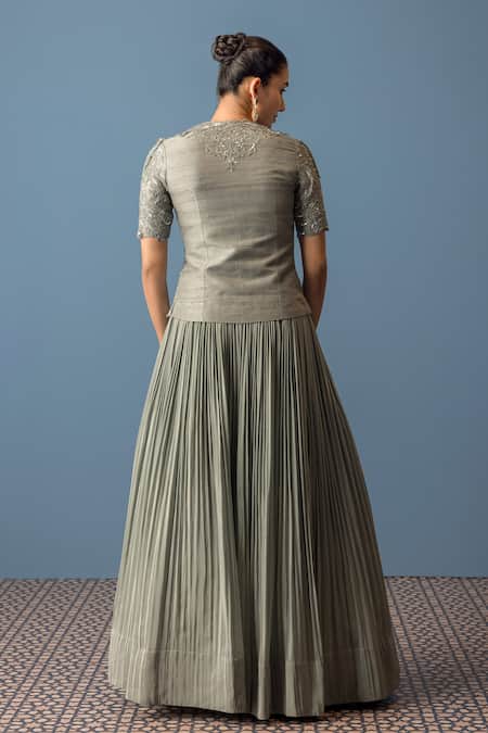 Shop Rishi And Soujit Blue Silk, Crepe Pearls, Sequins, Embroidery Floral Paisley Tunic With Skirt at Aza Fashions Shop_Rishi And Soujit_Blue Silk, Crepe Pearls, Sequins, Embroidery Floral Paisley Tunic With Skirt _at_Aza_Fashions