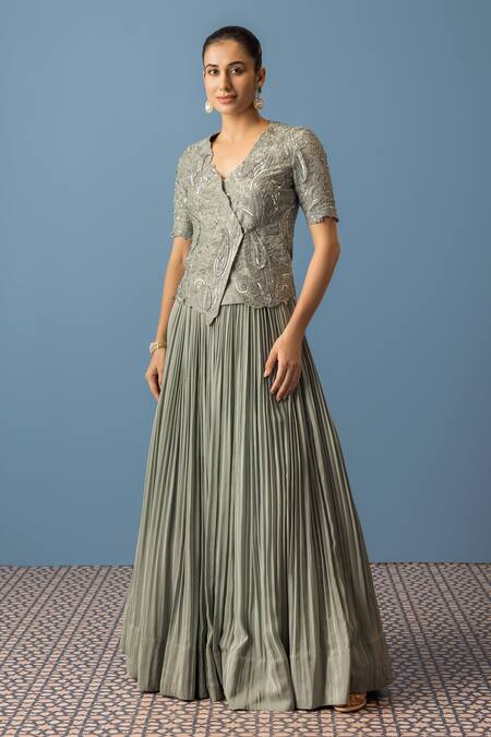 Rishi And Soujit Blue Silk, Crepe Pearls, Sequins, Embroidery Floral Paisley Tunic With Skirt Online at Aza Fashions Rishi And Soujit_Blue Silk, Crepe Pearls, Sequins, Embroidery Floral Paisley Tunic With Skirt _Online_at_Aza_Fashions