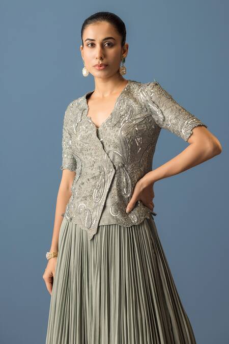 Shop Rishi And Soujit Blue Silk, Crepe Pearls, Sequins, Embroidery Floral Paisley Tunic With Skirt Online at Aza Fashions Shop_Rishi And Soujit_Blue Silk, Crepe Pearls, Sequins, Embroidery Floral Paisley Tunic With Skirt _Online_at_Aza_Fashions