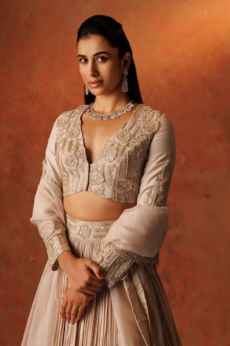 Buy_Rishi And Soujit_Ivory Crepe, Organza Embroidery, Pearls, Pleated Lehenga And Short Jacket Set _Online_at_Aza_Fashions