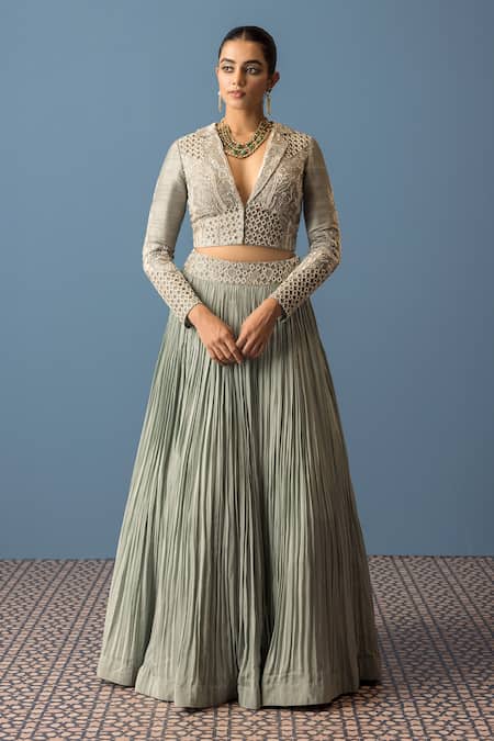 Rishi And Soujit_Blue Organza, Silk, Crepe Cut Work, Pearls, Flower Jacket With Lehenga _Online_at_Aza_Fashions