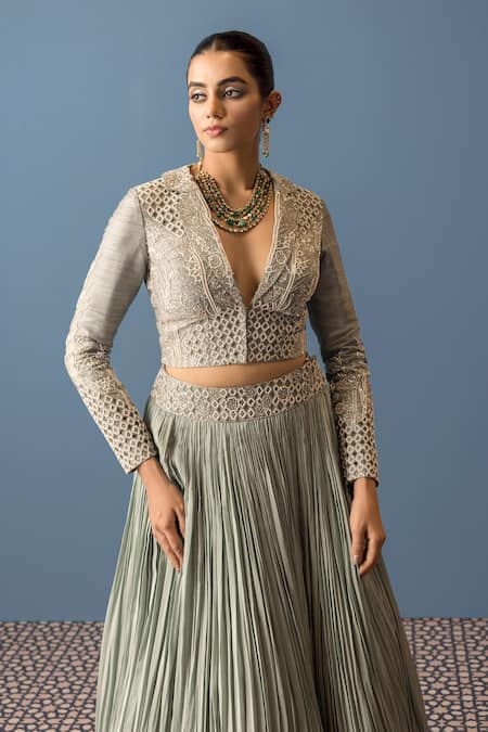 Buy_Rishi And Soujit_Blue Organza, Silk, Crepe Cut Work, Pearls, Flower Jacket With Lehenga _Online_at_Aza_Fashions