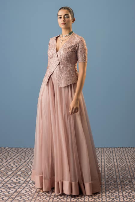 Rishi And Soujit_Pink Silk, Organza Embroidery V-neck Floral Wrapped Top With Flared Pant _Online_at_Aza_Fashions