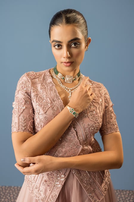 Buy_Rishi And Soujit_Pink Silk, Organza Embroidery V-neck Floral Wrapped Top With Flared Pant _Online_at_Aza_Fashions