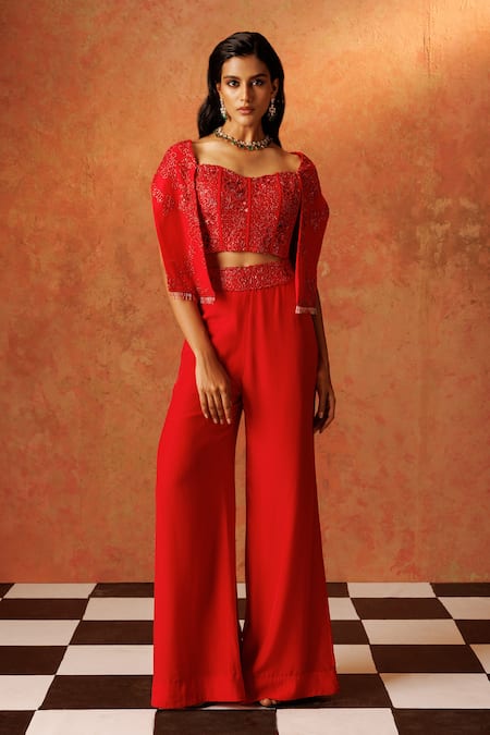 Rishi and Soujit Red Corset - Organza Embroidery Floral Sweetheart Neck Pearl With Flared Pant 