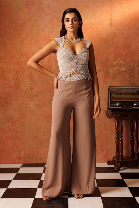 Rishi and Soujit Pink Georgette Embroidery Linear Sweetheart Neck Corset With Flared Pant 