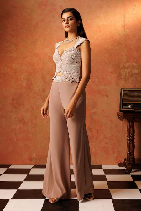 Rishi And Soujit_Pink Georgette Cut Work, Embroidery Sweetheart Linear Corset With Flared Pant _Online_at_Aza_Fashions
