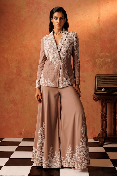 Rishi and Soujit Floral Embroidered Blazer Flared Pant Set 