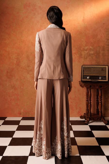 Shop Rishi And Soujit Pink Georgette Pearls, Beads, Embroidery Collared Floral Blazer Pant Set at Aza Fashions Shop_Rishi And Soujit_Pink Georgette Pearls, Beads, Embroidery Collared Floral Blazer Pant Set _at_Aza_Fashions