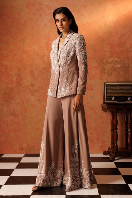 Rishi And Soujit Pink Georgette Pearls, Beads, Embroidery Collared Floral Blazer Pant Set Online at Aza Fashions Rishi And Soujit_Pink Georgette Pearls, Beads, Embroidery Collared Floral Blazer Pant Set _Online_at_Aza_Fashions