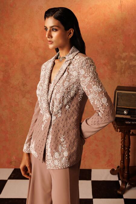 Buy Rishi And Soujit Pink Georgette Pearls, Beads, Embroidery Collared Floral Blazer Pant Set Online at Aza Fashions Buy_Rishi And Soujit_Pink Georgette Pearls, Beads, Embroidery Collared Floral Blazer Pant Set _Online_at_Aza_Fashions