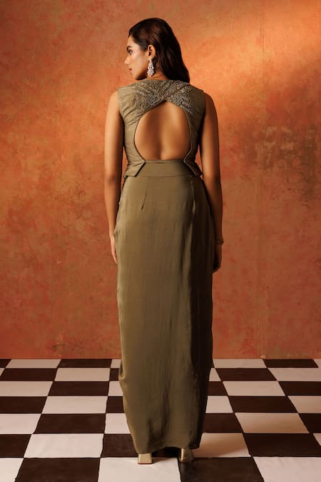 Shop Rishi And Soujit Green Crepe Embroidery V-neck Floral Pearl Waistcoat With Draped Skirt at Aza Fashions Shop_Rishi And Soujit_Green Crepe Embroidery V-neck Floral Pearl Waistcoat With Draped Skirt _at_Aza_Fashions